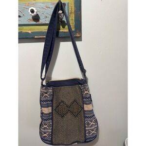 Catori Blue Woven Geometric Beaded Crossbody Bag Adjustable Strap Mixed Media